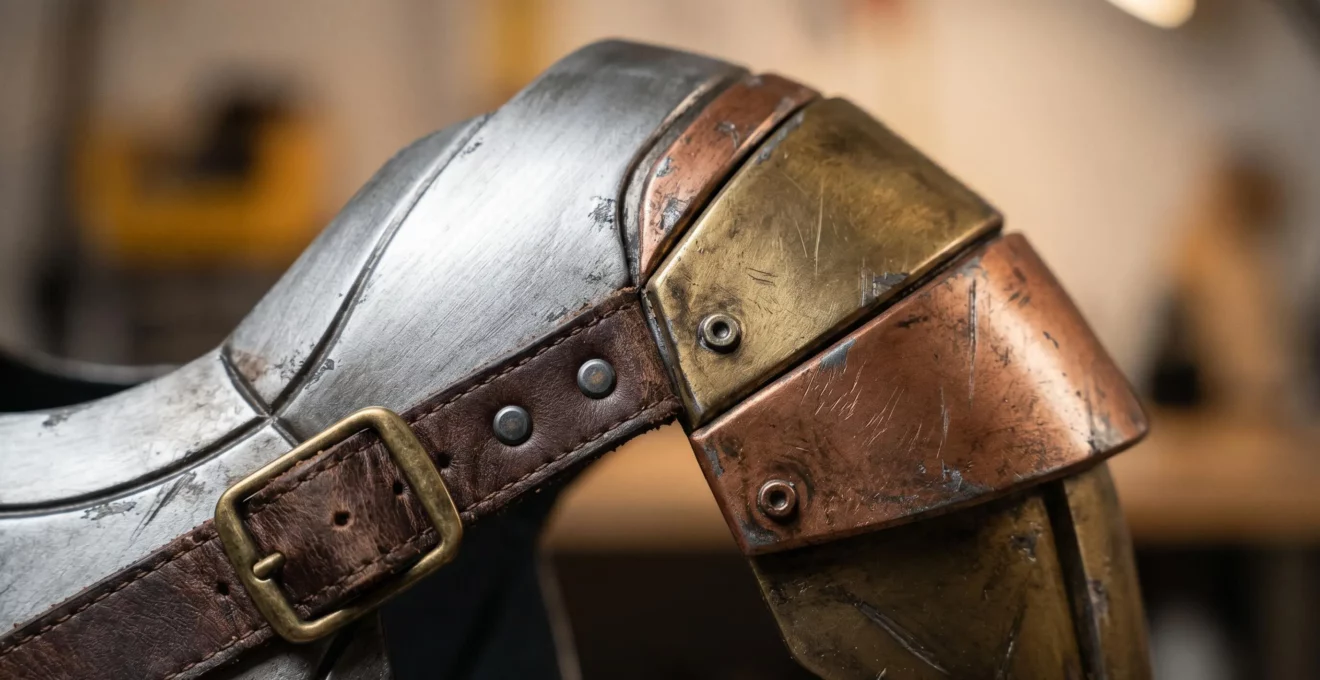 Détails d'une armure rétro-futuriste en matériaux légers avec finitions métalliques