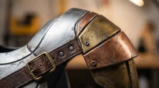 Détails d'une armure rétro-futuriste en matériaux légers avec finitions métalliques