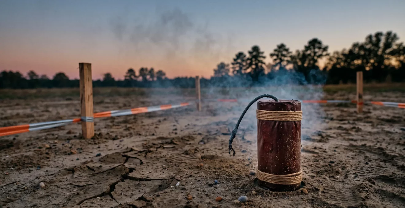 Artifice de feu d'artifice non explosé sur sol sablonneux avec périmètre de sécurité matérialisé au crépuscule