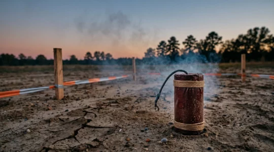 Artifice de feu d'artifice non explosé sur sol sablonneux avec périmètre de sécurité matérialisé au crépuscule