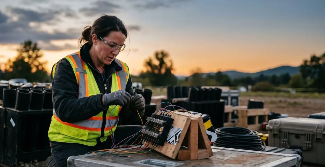 Artificier professionnel préparant un spectacle pyrotechnique avec équipements de sécurité