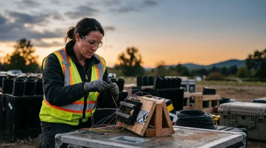 Artificier professionnel préparant un spectacle pyrotechnique avec équipements de sécurité