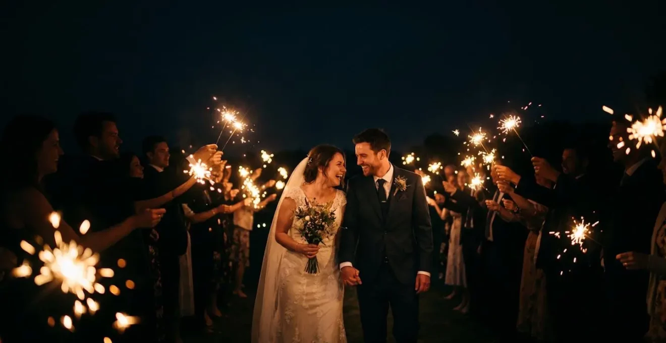 Couple de mariés traversant une haie d'honneur illuminée par des cierges magiques dorés dans la nuit