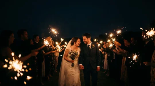 Couple de mariés traversant une haie d'honneur illuminée par des cierges magiques dorés dans la nuit