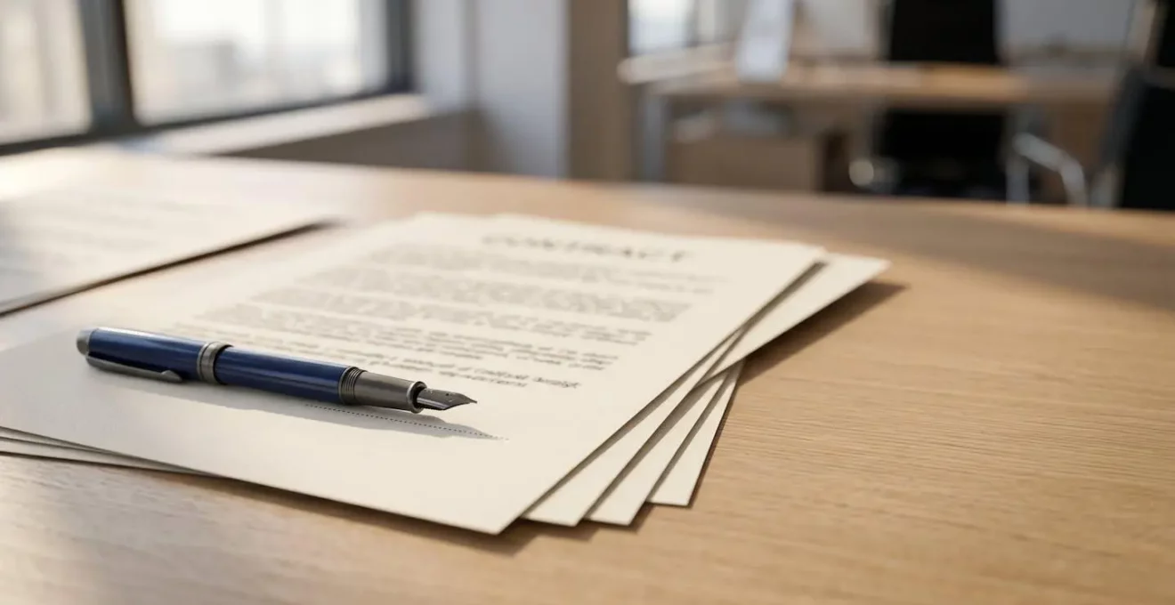 Document contractuel professionnel avec clauses d'événementiel sur un bureau, symbolisant la protection juridique