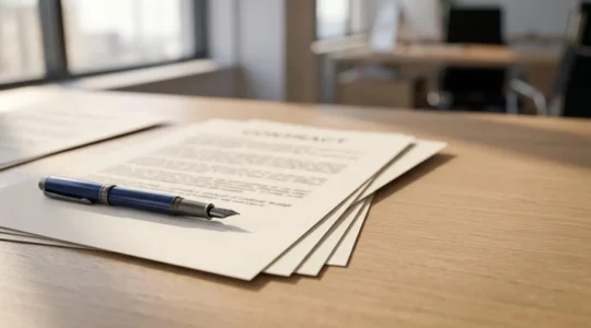 Document contractuel professionnel avec clauses d'événementiel sur un bureau, symbolisant la protection juridique