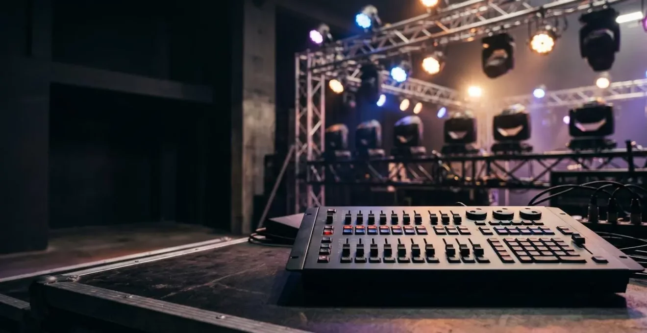 Console de contrôle DMX et projecteurs LED dans un contexte d'éclairage événementiel professionnel