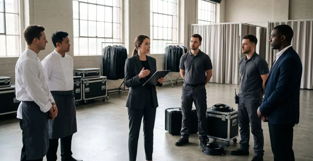 Coulisses d'un événement festif montrant une coordination professionnelle entre équipes