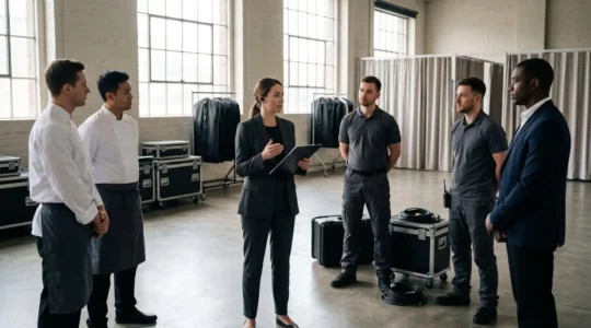 Coulisses d'un événement festif montrant une coordination professionnelle entre équipes