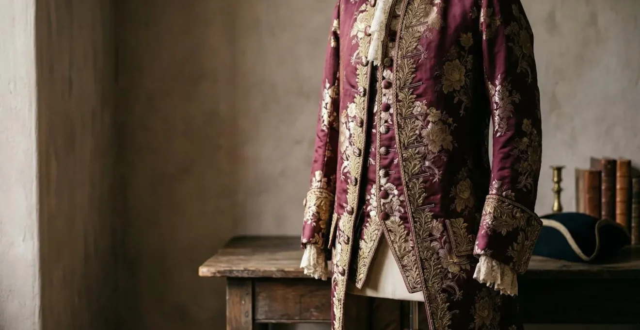 Costume d'époque Louis XV authentique avec justaucorps brodé et accessoires du XVIIIe siècle