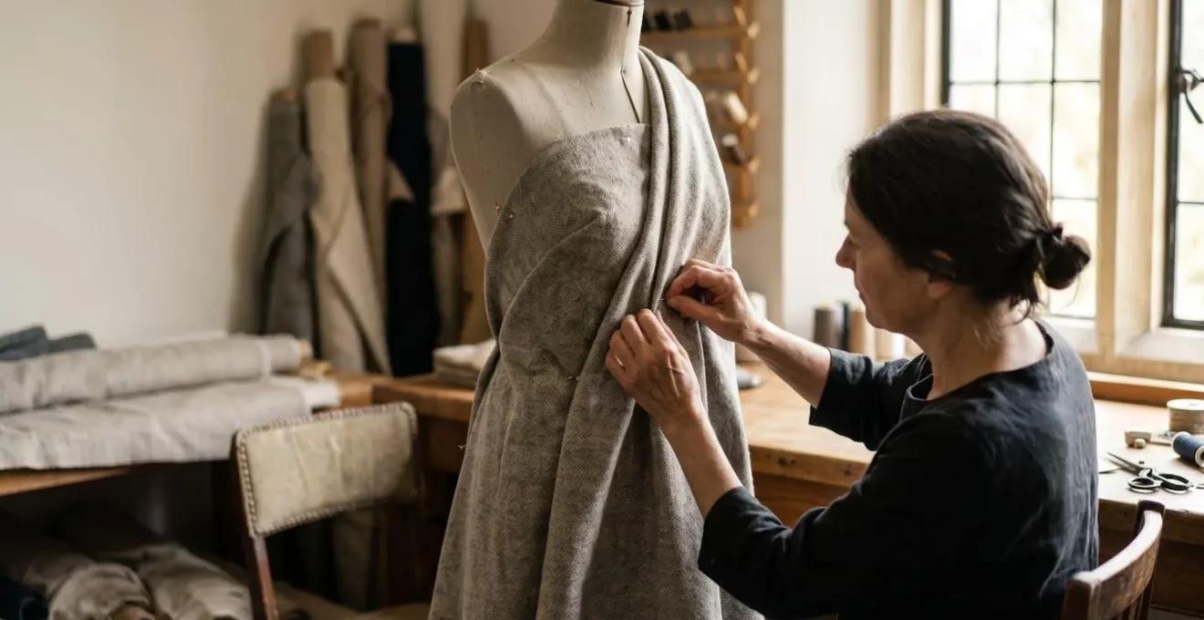 Mains ajustant délicatement un tissu noble sur un mannequin de couture dans un atelier lumineux