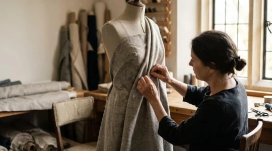 Mains ajustant délicatement un tissu noble sur un mannequin de couture dans un atelier lumineux