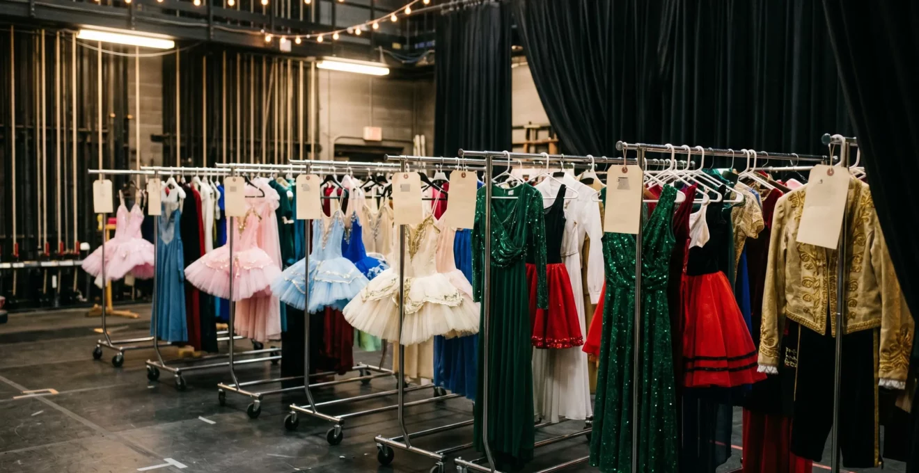 Organisation professionnelle des costumes de spectacle en coulisses avec portants étiquetés et système de rangement efficace