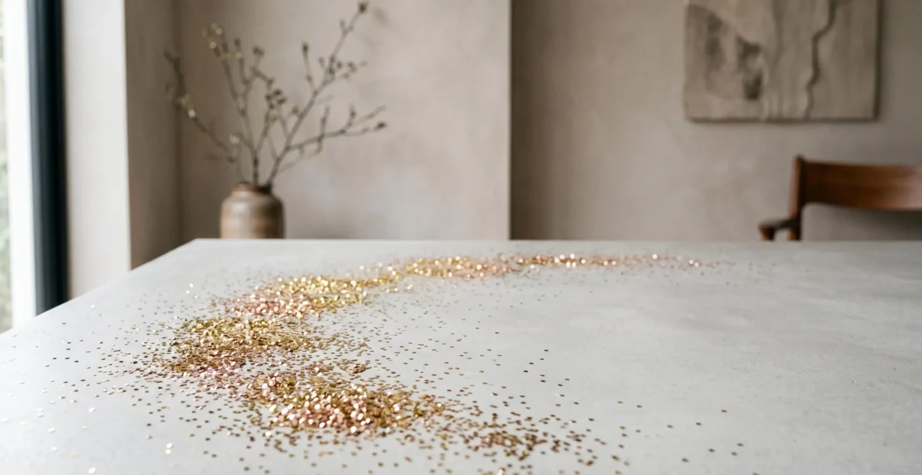 Décoration festive scintillante avec paillettes biodégradables disposées avec élégance sur une surface épurée