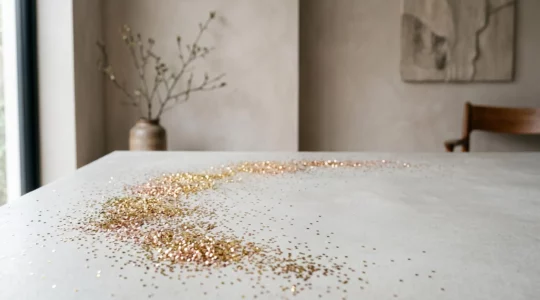 Décoration festive scintillante avec paillettes biodégradables disposées avec élégance sur une surface épurée