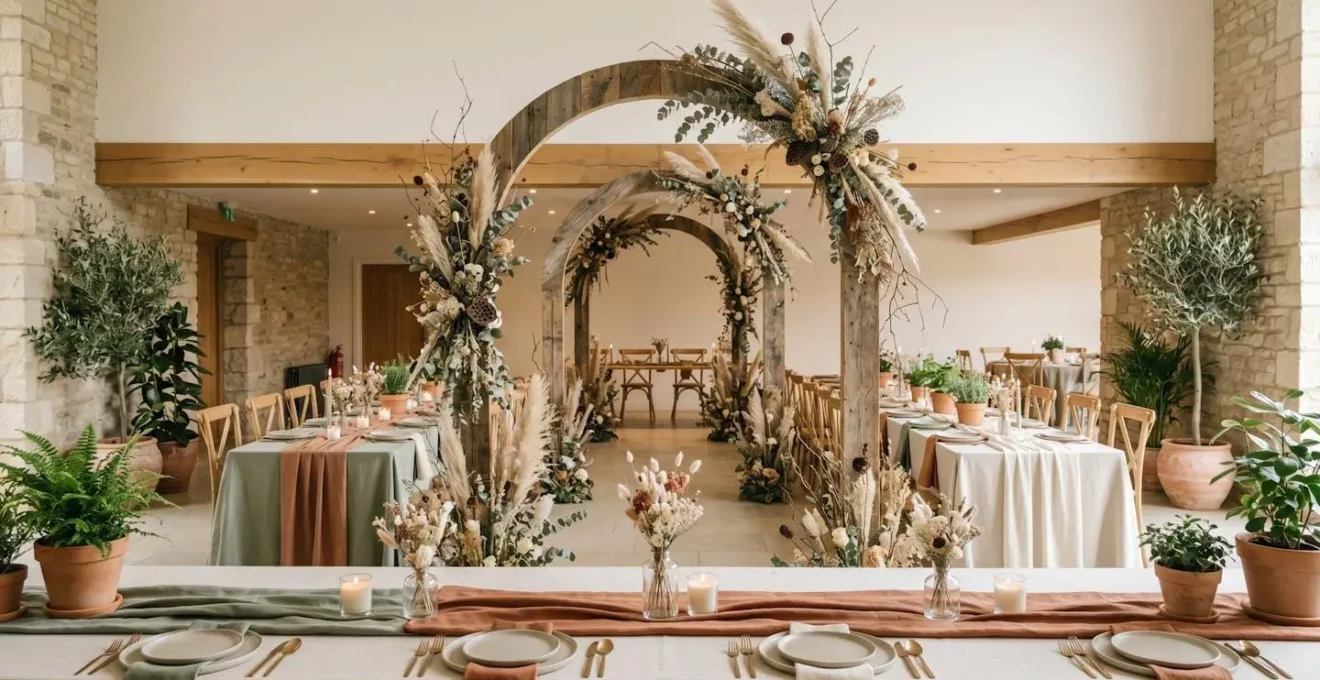 Salle de réception moderne décorée de manière éco-responsable avec des éléments naturels et élégants
