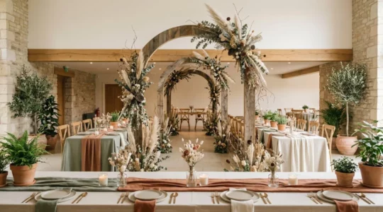Salle de réception moderne décorée de manière éco-responsable avec des éléments naturels et élégants