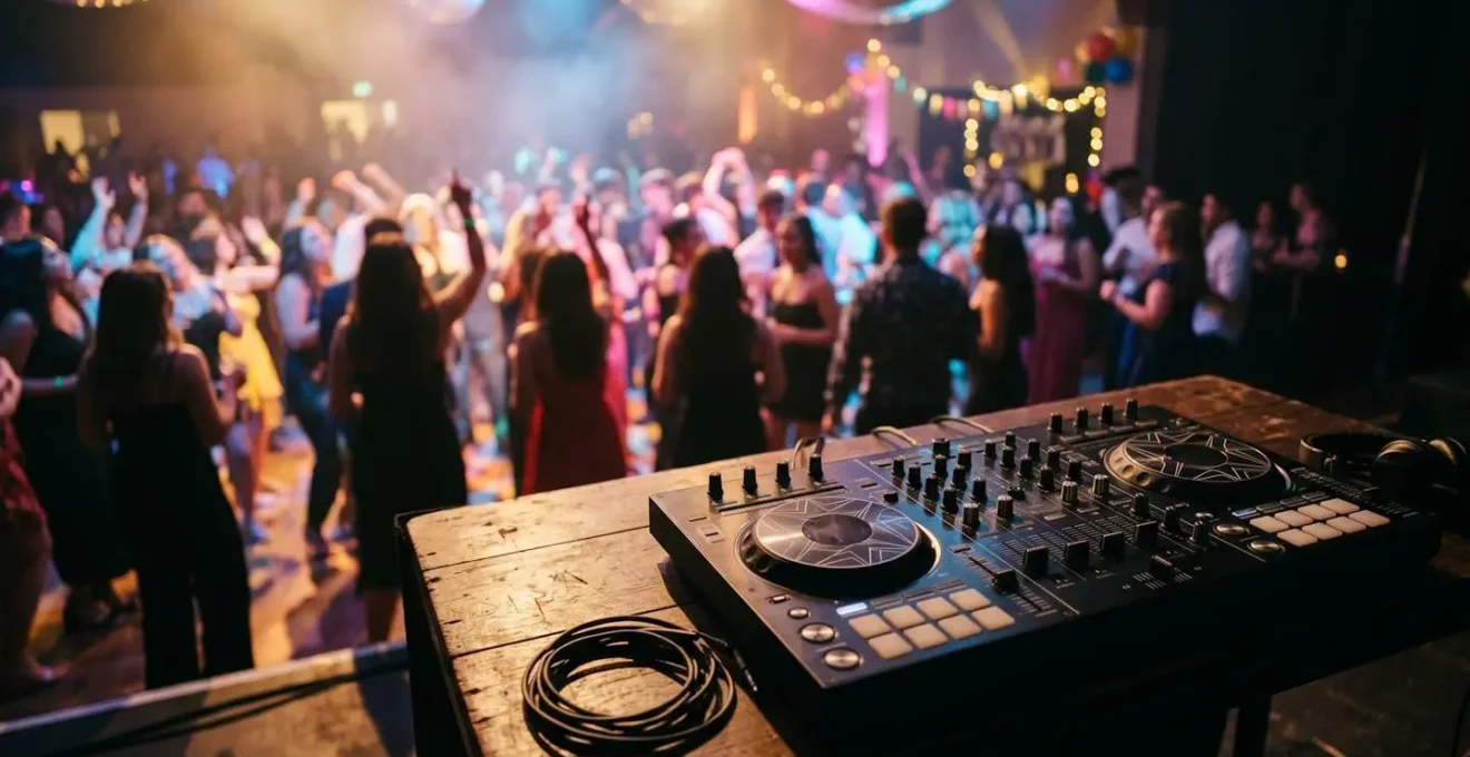DJ professionnel en action lors d'une célébration festive avec une ambiance dynamique