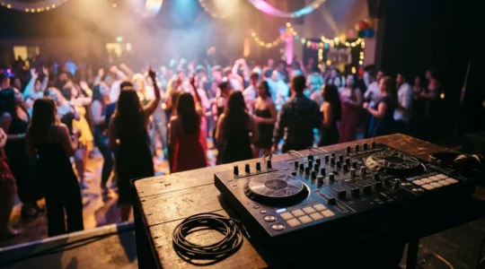 DJ professionnel en action lors d'une célébration festive avec une ambiance dynamique