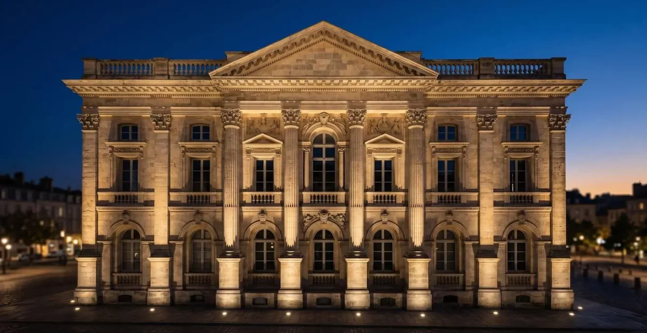 Façade de bâtiment historique en pierre illuminée de nuit par des projecteurs LED discrets installés sans perçage