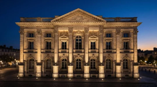 Façade de bâtiment historique en pierre illuminée de nuit par des projecteurs LED discrets installés sans perçage