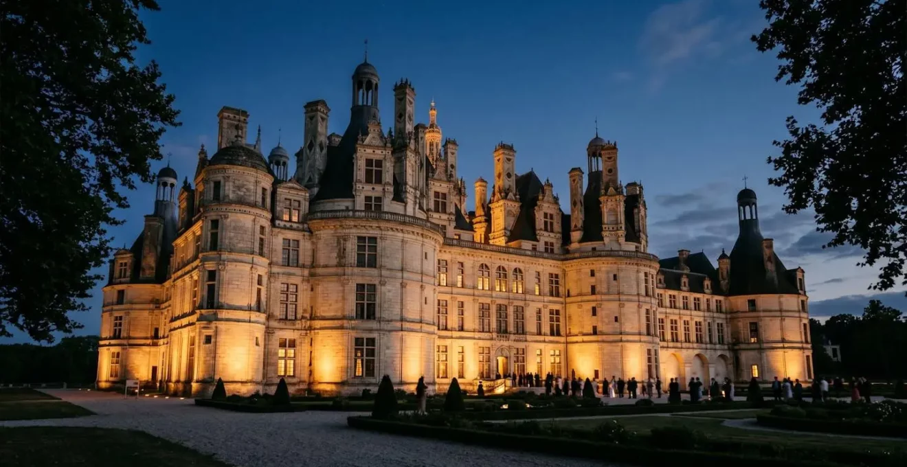 Façade d'un château français illuminée par des projecteurs architecturaux lors d'une réception nocturne