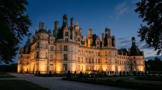 Façade d'un château français illuminée par des projecteurs architecturaux lors d'une réception nocturne