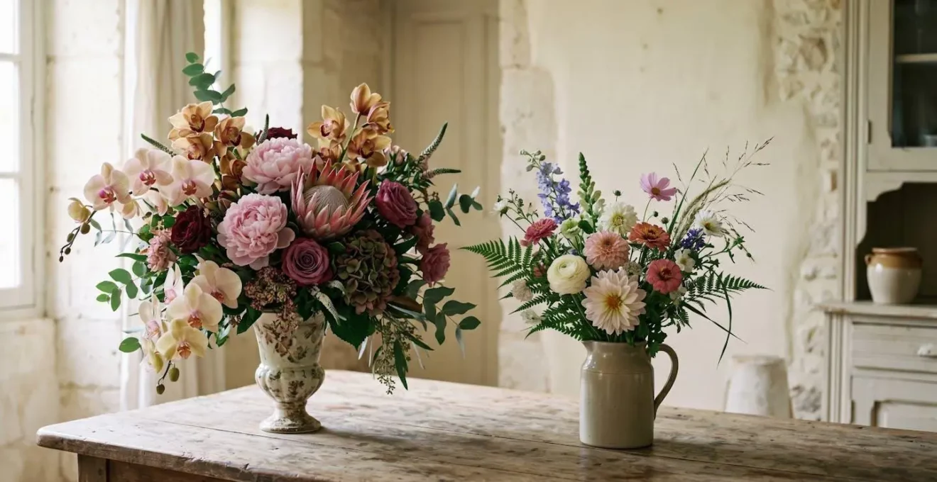 Composition florale de mariage luxueuse avec étiquette de prix, illustrant le surcoût des fleurs hors saison