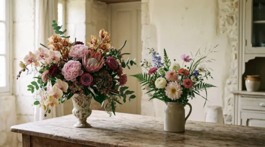 Composition florale de mariage luxueuse avec étiquette de prix, illustrant le surcoût des fleurs hors saison