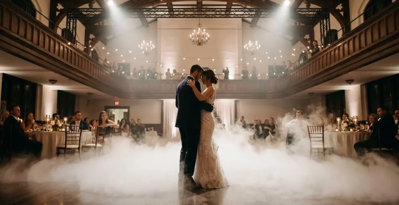 Atmosphère féerique d'une ouverture de bal de mariage avec effets de fumée basse au sol