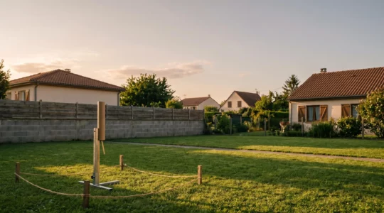 Fusée de feu d'artifice installée dans un jardin résidentiel avec délimitation de zone de sécurité