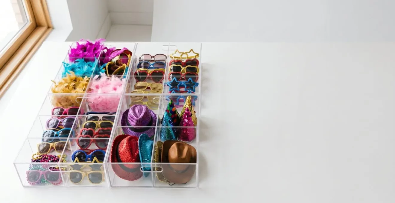 Vue d'ensemble professionnelle d'accessoires de photobooth colorés organisés dans des compartiments de rangement