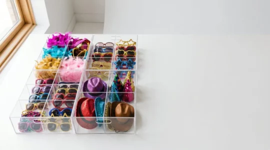 Vue d'ensemble professionnelle d'accessoires de photobooth colorés organisés dans des compartiments de rangement
