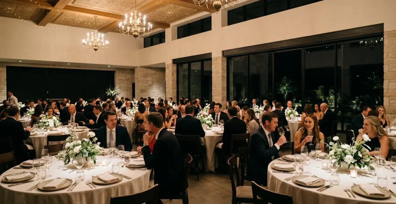 Scène de réception de mariage durant l'entre-deux, ambiance chaleureuse avec invités attentifs