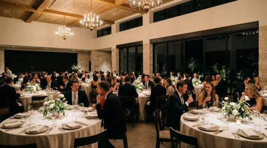 Scène de réception de mariage durant l'entre-deux, ambiance chaleureuse avec invités attentifs