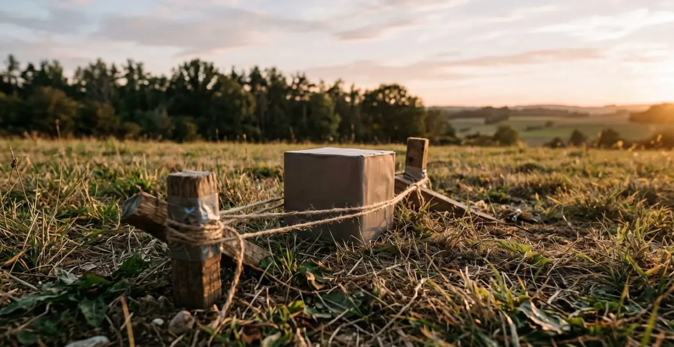 Batterie de feu d'artifice compact en cours de calage sur terrain dégagé avec équipement de sécurité
