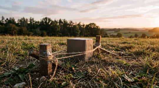 Batterie de feu d'artifice compact en cours de calage sur terrain dégagé avec équipement de sécurité