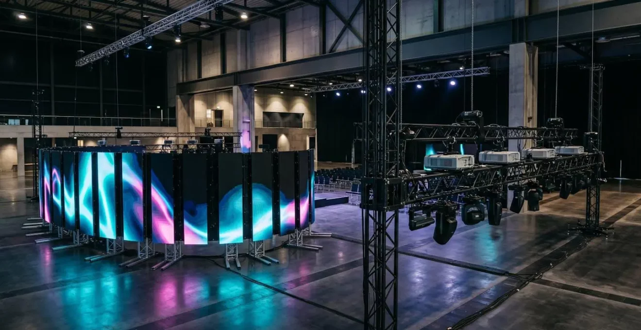 Installation événementielle avec projection mapping sur structure architecturale et écrans LED géants pour un lancement de produit immersif