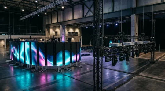 Installation événementielle avec projection mapping sur structure architecturale et écrans LED géants pour un lancement de produit immersif