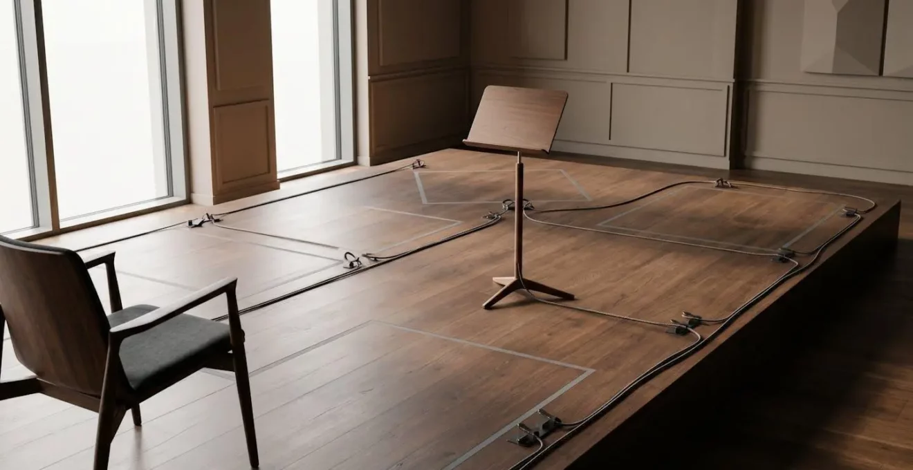 Vue d'ensemble d'une scène d'événement avec espace minimal pour cinq musiciens dans une salle de célébration
