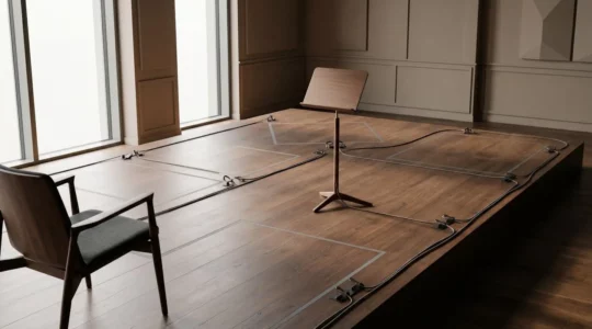 Vue d'ensemble d'une scène d'événement avec espace minimal pour cinq musiciens dans une salle de célébration