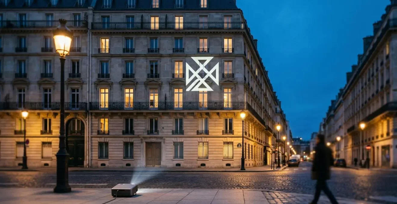Projection lumineuse d'un logo sur la façade d'un bâtiment en milieu urbain la nuit