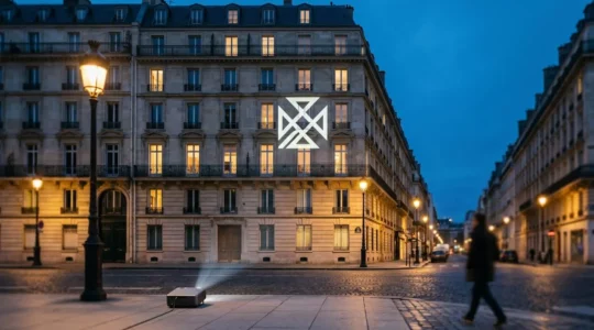 Projection lumineuse d'un logo sur la façade d'un bâtiment en milieu urbain la nuit