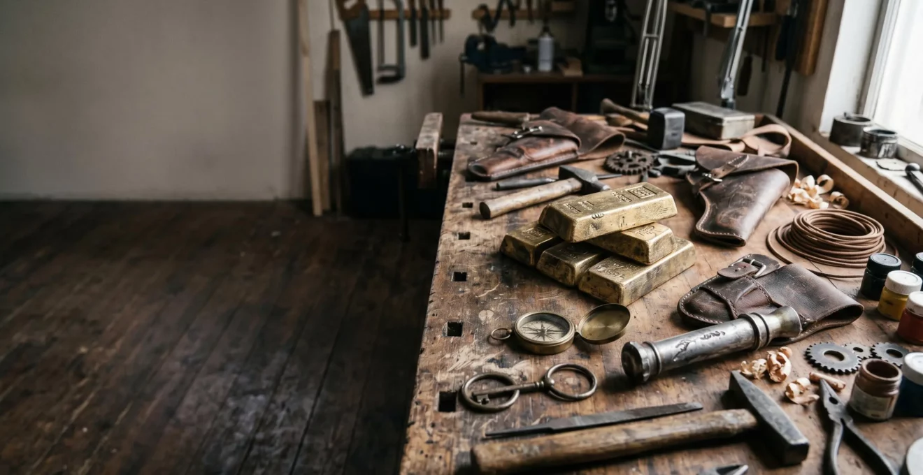 Table d'atelier avec outils de vieillissement et accessoires de cinéma patinés