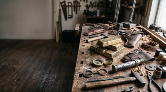Table d'atelier avec outils de vieillissement et accessoires de cinéma patinés