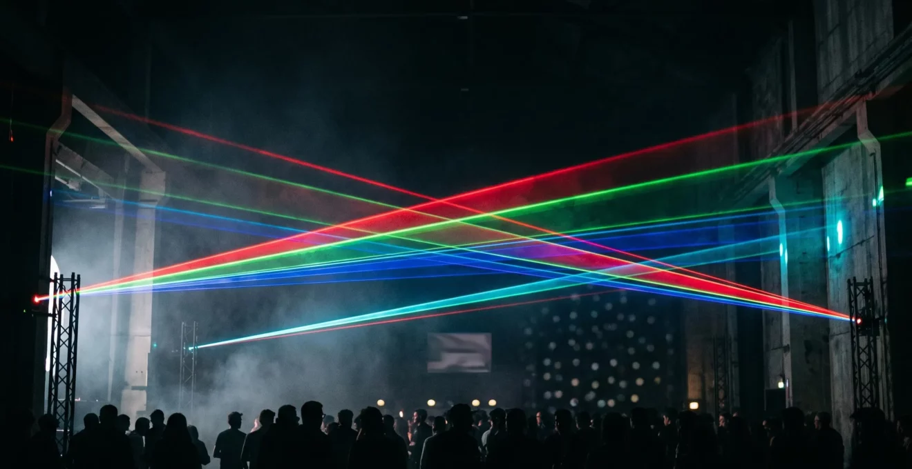 Faisceaux laser colorés traversant une brume fine lors d'un spectacle événementiel en France, avec une distance de sécurité visible entre les rayons et le public