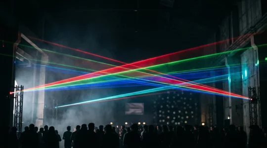 Faisceaux laser colorés traversant une brume fine lors d'un spectacle événementiel en France, avec une distance de sécurité visible entre les rayons et le public