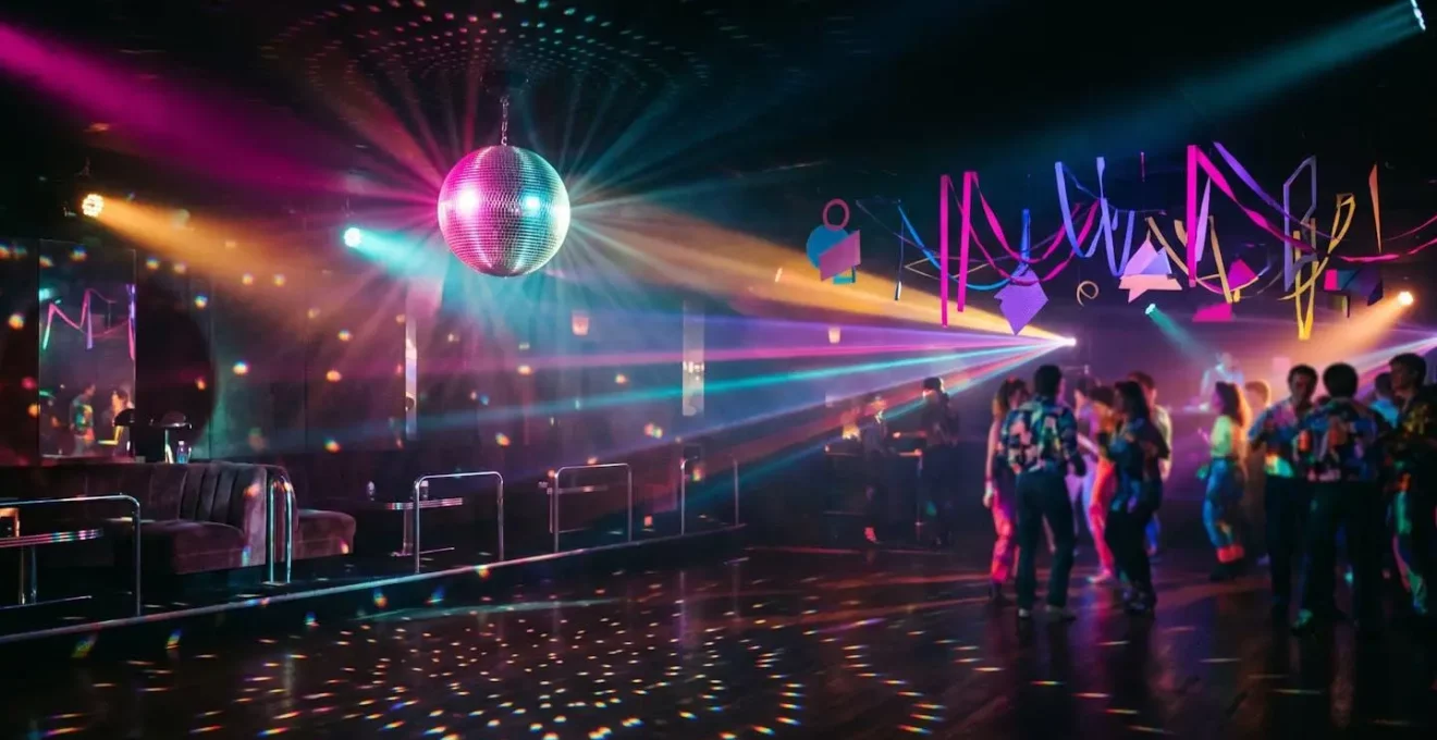 Ambiance de soirée années 80 avec décoration kitsch et atmosphère festive rétro