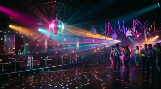 Ambiance de soirée années 80 avec décoration kitsch et atmosphère festive rétro