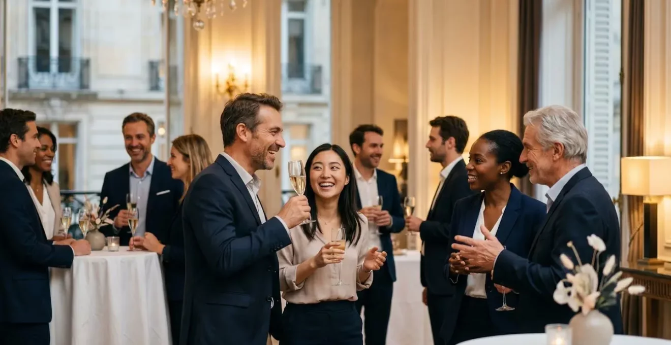 Soirée d'entreprise festive et élégante dans un lieu parisien avec collaborateurs engagés dans une ambiance conviviale